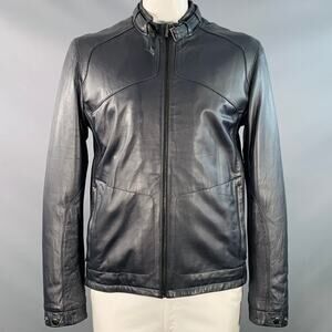 BUGATCHI Size L Navy Lambskin Leather Moto Racer Jacket